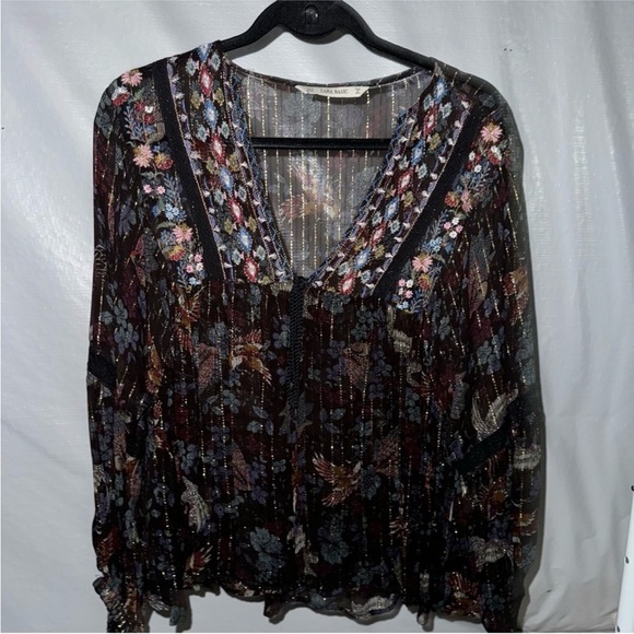 Zara Tops - Zara Black and Blue floral embroidered Pleated Blouse